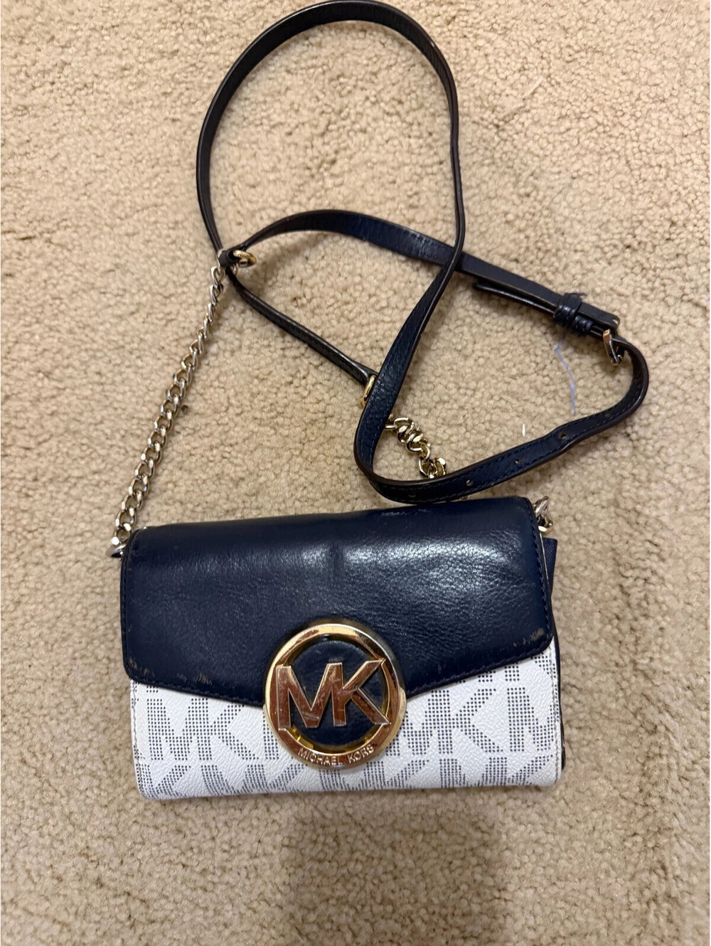 Michael Kors Fulton Crossbody Navy Leather Vanilla MK Signature + Rain Stain
